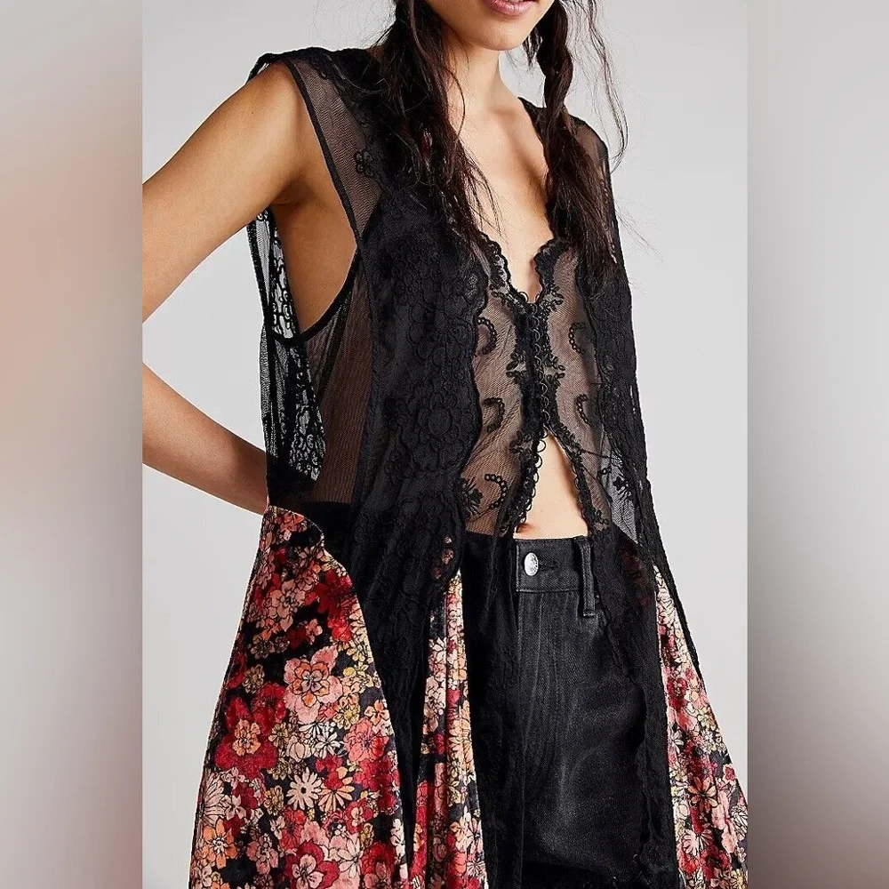 NWT Free People Rare Hideaway Maxi Top Dress Lace Velvet Floral Gothic - Picture 2 of 16